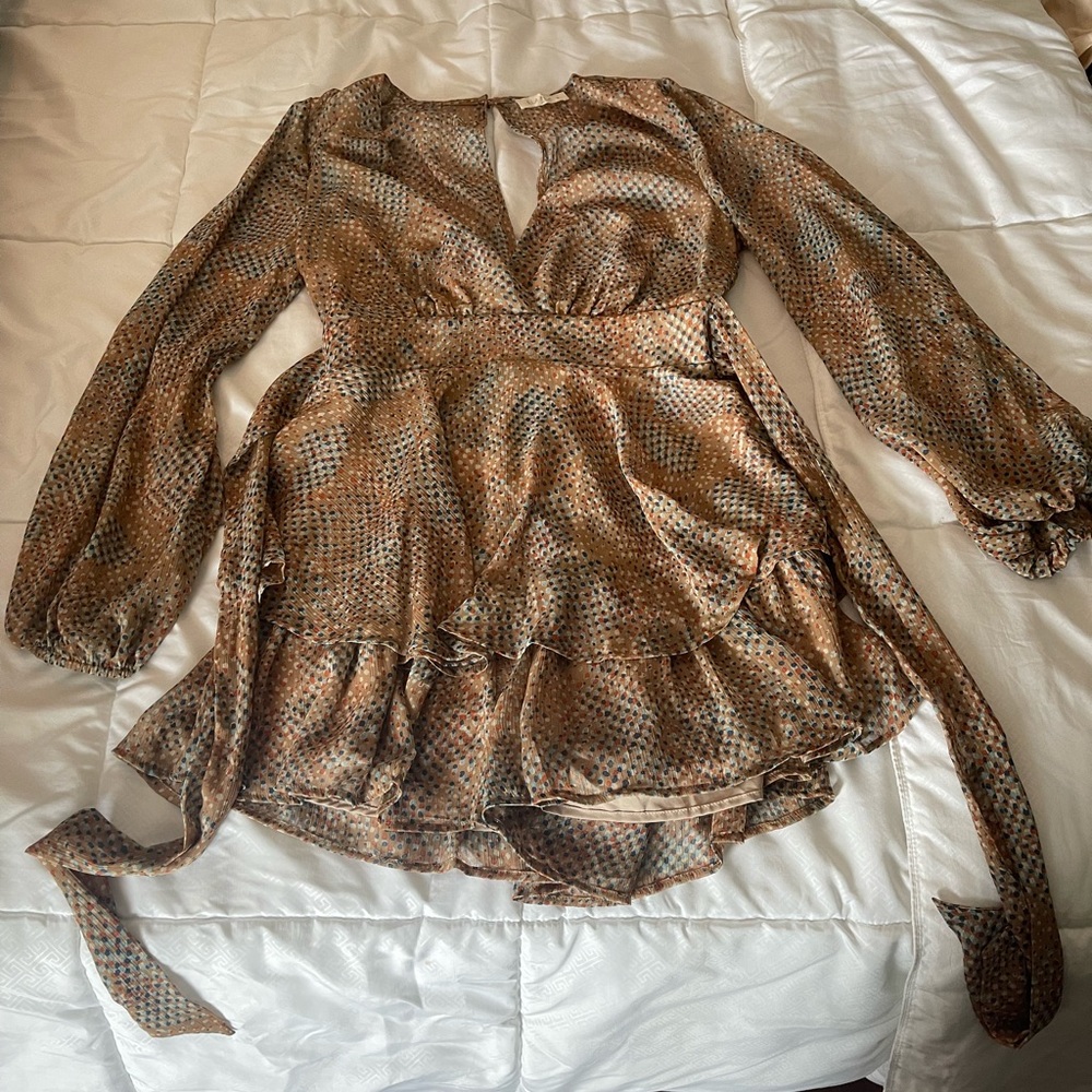 Boutique mini dress. Never worn. Sheer material. Long sleeve. Tie in back